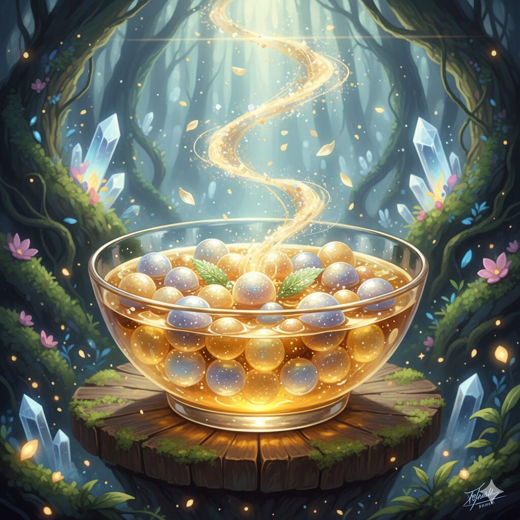 【異世界スイーツ】黄金のルナ・ベリーと精霊餅の蜜煮 ～とろける白玉と完熟ベリーの贅沢仕上げ～